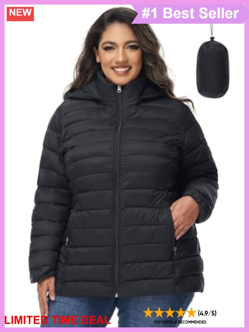 Plus Size Packable Puffer Jacket Detachable Hood Stand Collar Quilted Coat